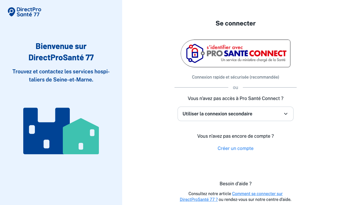 Page de connexion DirectProSanté 77 avec en haut le bouton S'identifier avec Pro Santé Connect, et en dessous le menu déroulant Utiliser la connexion secondaire pour la connexion de secours