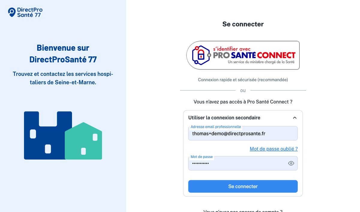 Formulaire de connexion secondaire déplié avec les champs Adresse e-mail professionnelle et Mot de passe, le lien Mot de passe oublié et le bouton Se connecter