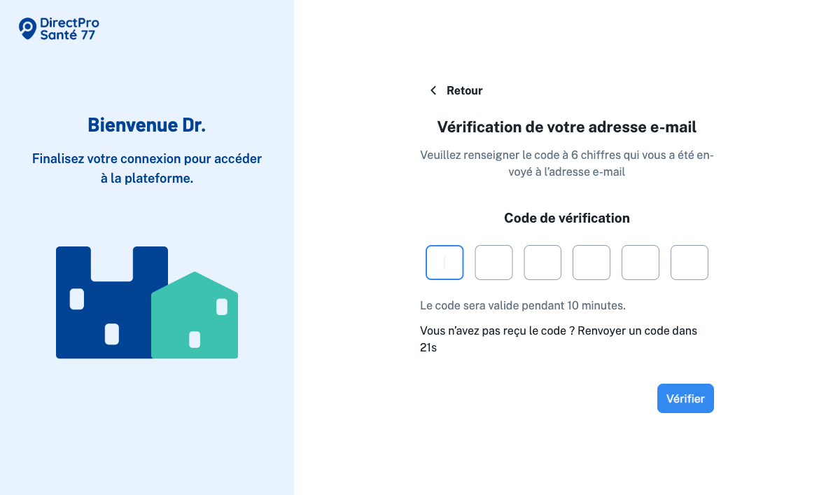 Écran Vérification de votre adresse e-mail avec les six cases pour saisir le code, la mention de validité 10 minutes et le bouton Vérifier